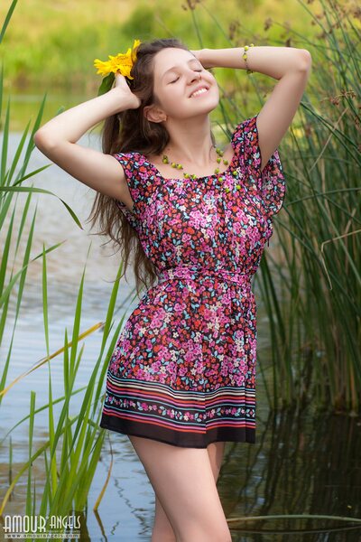 Floral Meadow Tease With Lily In Soft Sunlight By Lakeside Scene - photo 04