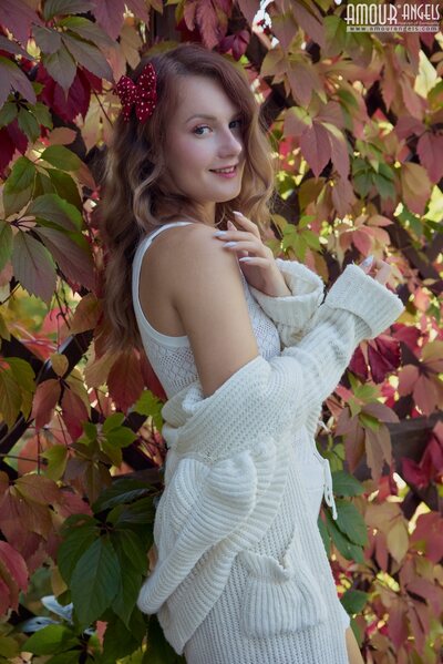 Autumn Garden Tease Scene With Luna Art In Soft White Sweater Portrait - photo 01