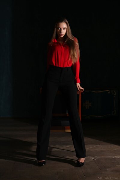 Elin Elegant Dark Studio Scene With Chair And Red Accents Tones - photo 00