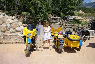 Xenia Poses Nude Beside A Bright Yellow Sidecar Outdoors  - photo 00