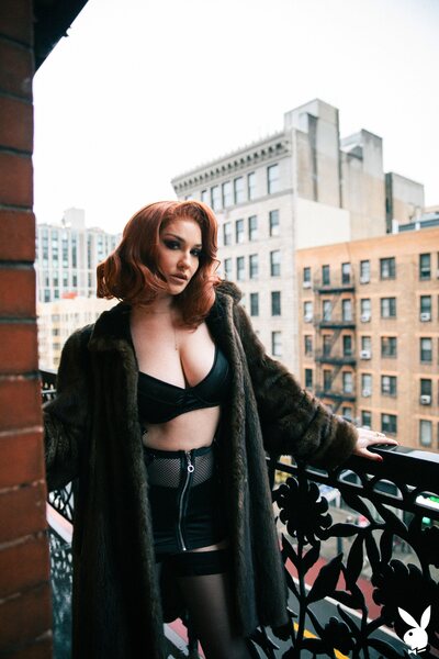 City Balcony Scene With Skye Blue In Coat And Bold Indoor Flash - photo 00