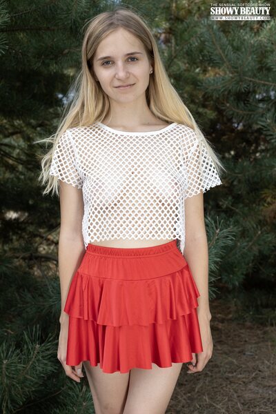 Roze Stripping Outdoors In Red Skirt And Mesh White Top - photo 01