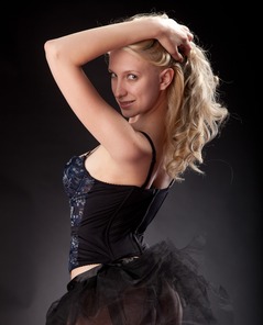 Katy Undressing On Studio Set In Black Corset And Sheer Skirt