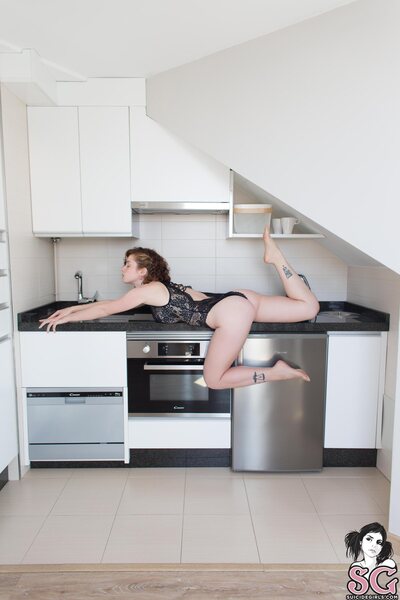 Tattooed Beauty Strips In Kitchen With Black Lace Tease - photo 02