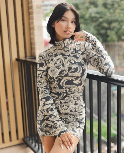 Soft Balcony Pose With Mimi Nyx In Patterned Dress And Daylight