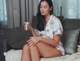 Video Victoria Mur In Sexy Silk Pajamas With Cozy Sofa Morning Light Mood