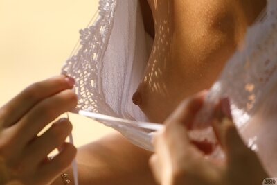 Brunette Lila Love In White Blouse Teasing Outdoors In Summer Light - photo 04