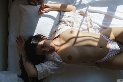 Pamela Cuevano Relaxing Nude In Sunlight Wearing White Lace Lingerie - photo 01